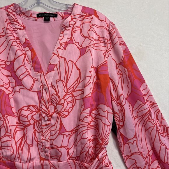 Boston Proper Blooming Outlines Print Button Up Ruffle Flounce Dress Pink 14 NWT - Picture 4 of 16
